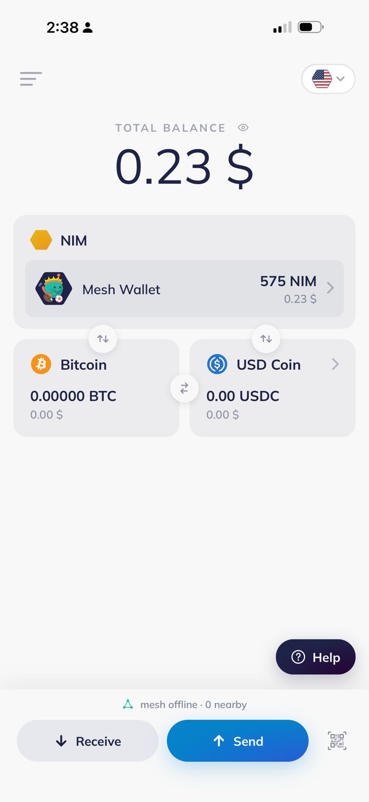 NIMmesh home screen, footer reads mesh offline, 0 nearby